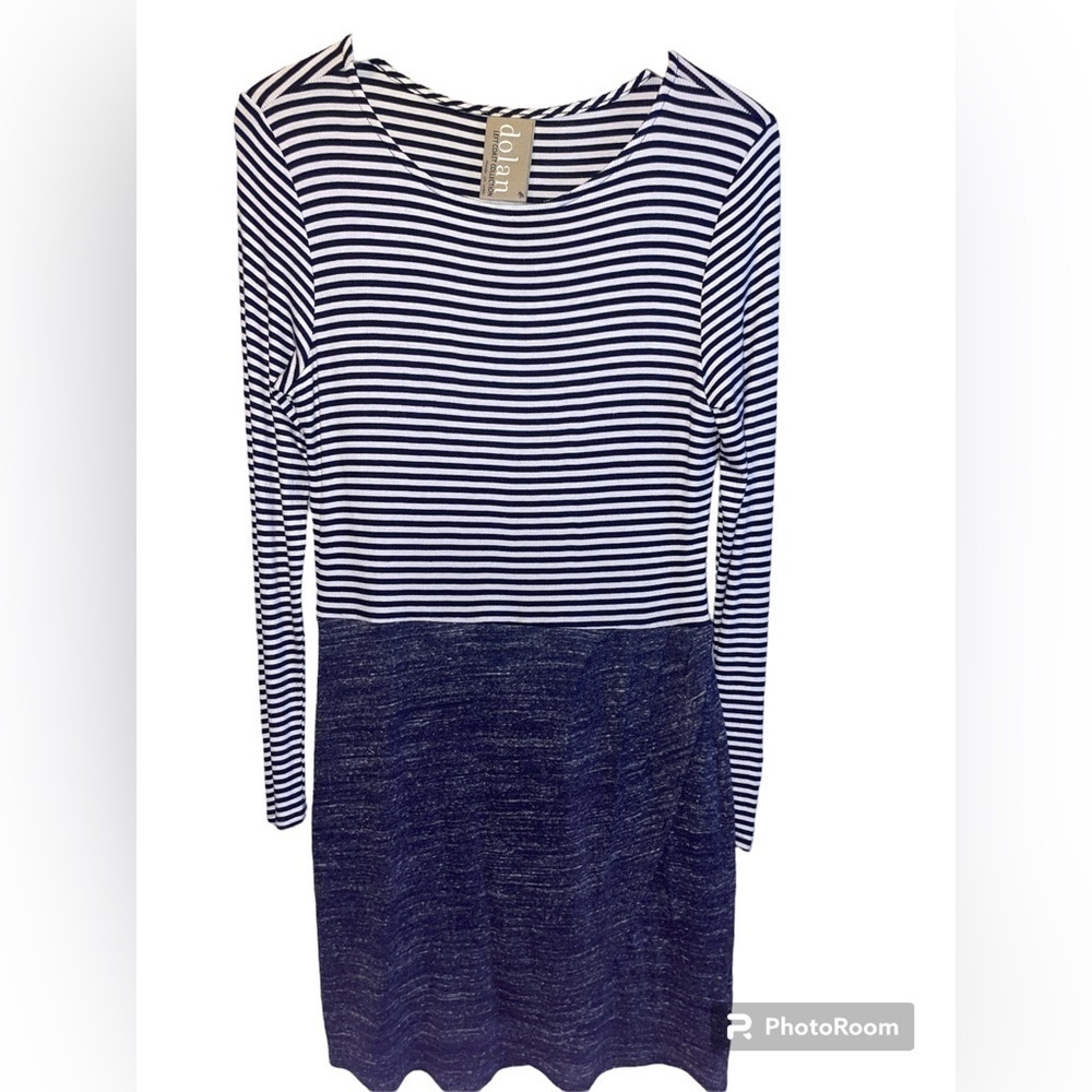 Dolan Left Coast Collection Anthropologie striped faux wrap dress blue medium